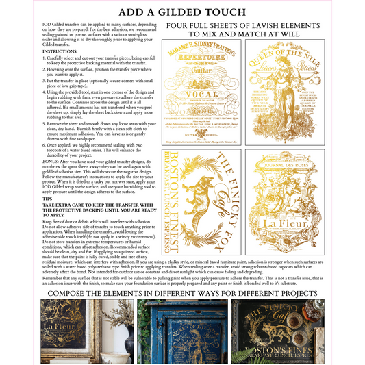 "Curated Signage" IOD Foil Transfer by Iron Orchid Designs. Gilded transfer pad contains four 12" x 16 sheets. Available at Milton's Daughter. Back cover.