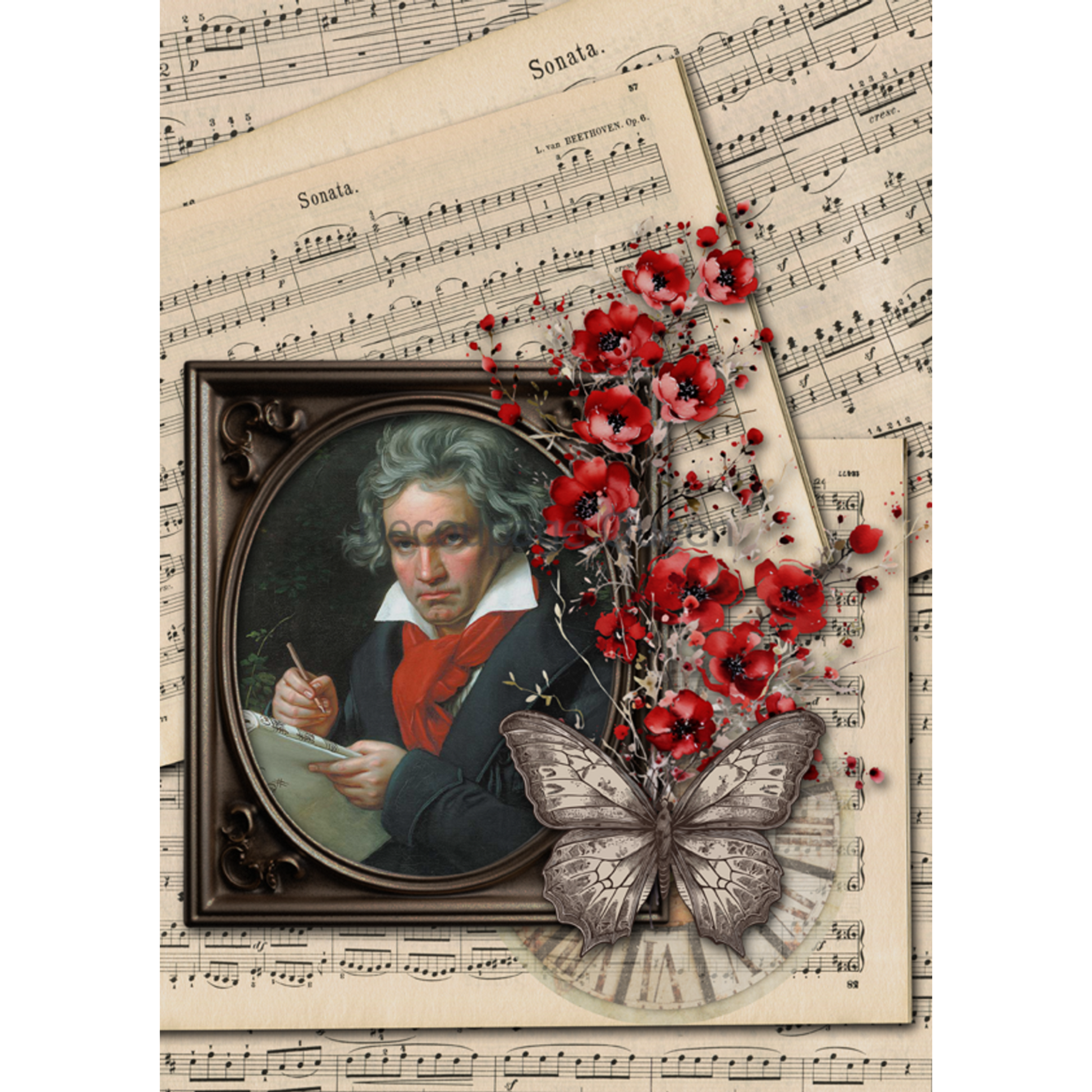 "Beethoven" decoupage rice paper by Decoupage Queen. Available at Milton's Daughter.