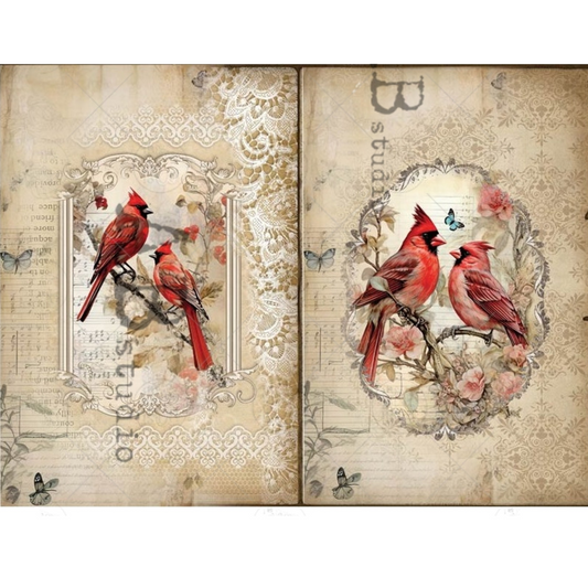 "Cardinals On Antique Paper" decoupage rice paper by AB Studio. Available at Milton's Daughter.