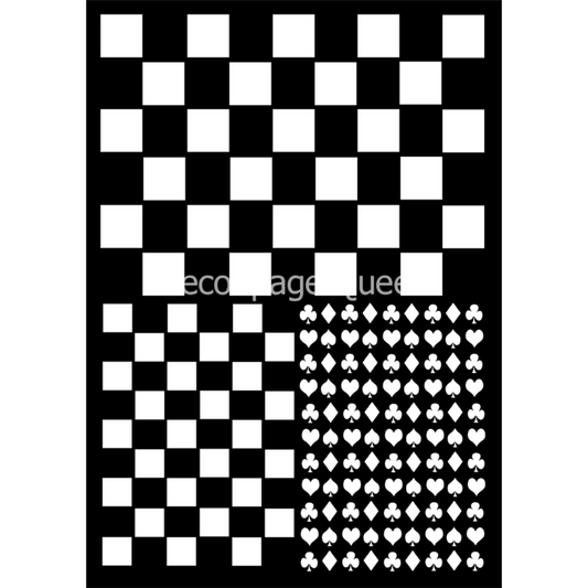 "Check Mate" stencil by Decoupage Queen. Available at Milton's Daughter.