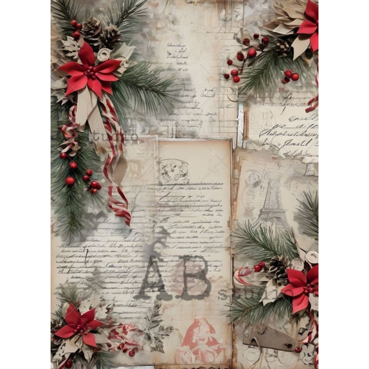 "Christmas Festive Notes" decoupage rice paper by AB Studio. Available at Milton's Daughter.