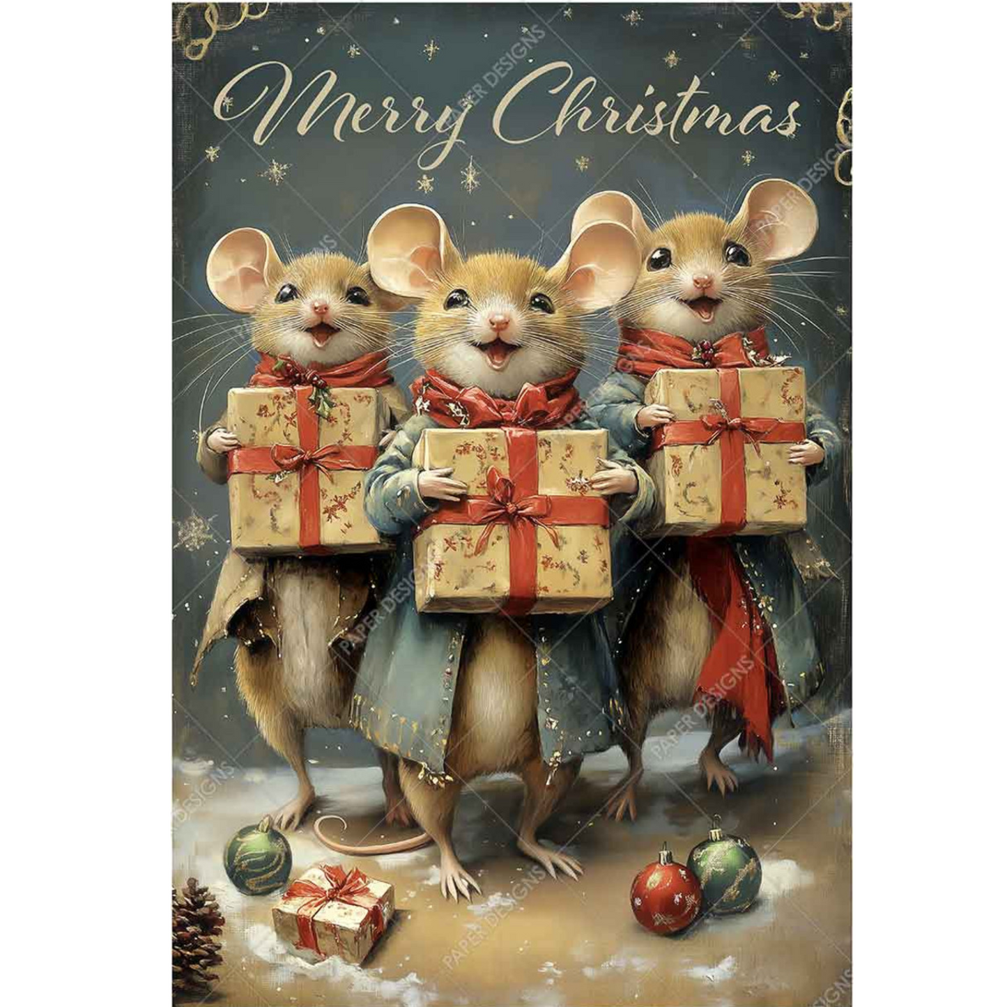 "Christmas Mice With Gifts" decoupage rice paper by Paper Designs. Available at Milton's Daughter.