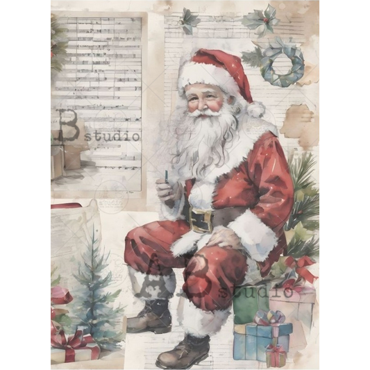 "Christmas Santa Journal Page" decoupaage rice paper by AB Studio. Available at Milton's Daughter.