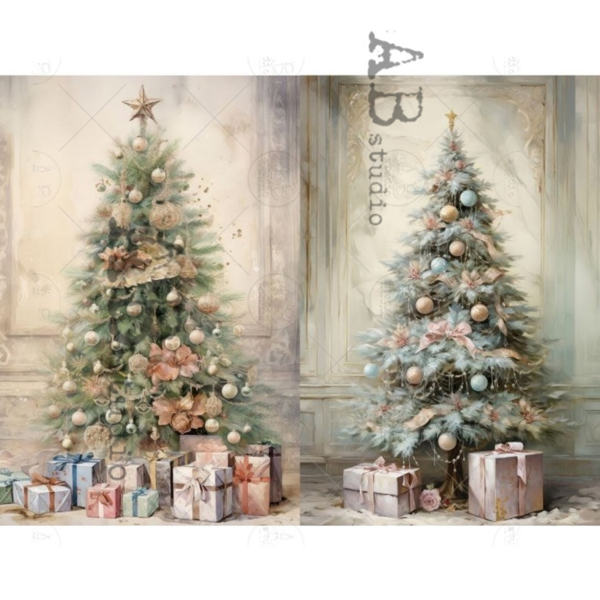 "Christmas Tree 2 Pack" decoupage rice paper by AB Studio. Availble at Milton's Daughter.