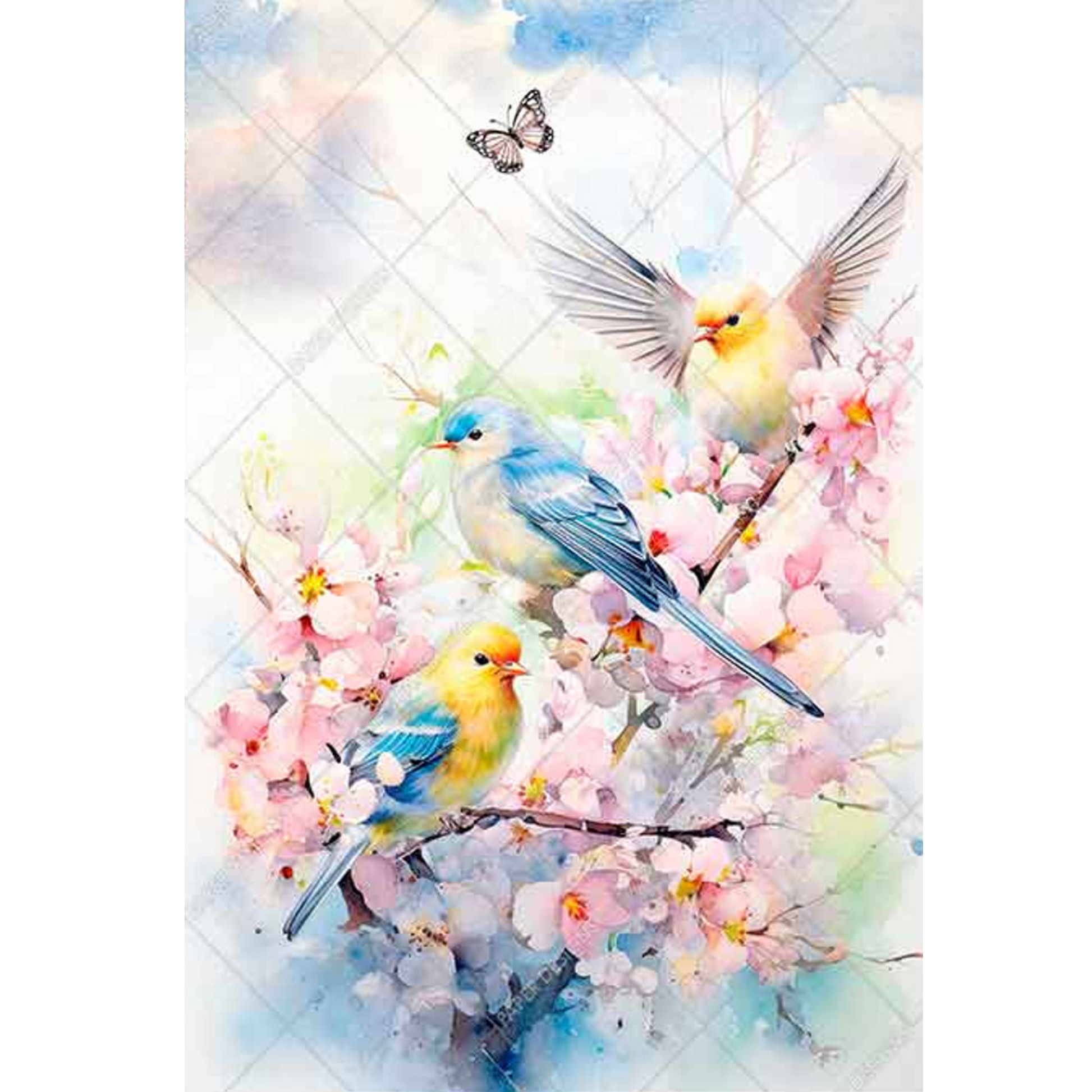 "Colorful BIrds & Cherry Blossoms" decoupage rice paper by Paper Designs. Available at Milton's Daughter.