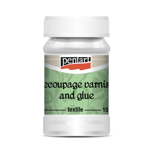 "Decoupage Varnish and Glue-Textile" by Pentart. Use for decoupaging onto fabric and leather. Available at Milton's Daughter.