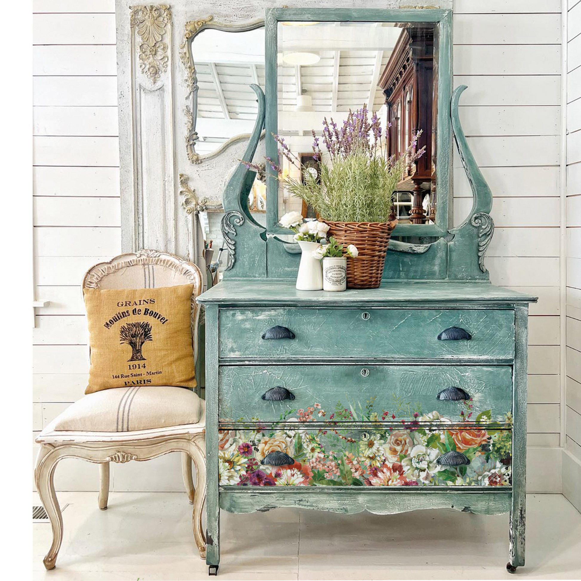 "Elysium" IOD Furniture Transfer by Iron Orchid Designs. Product example on blue vintage dresser. Available at Milton's Daughter.