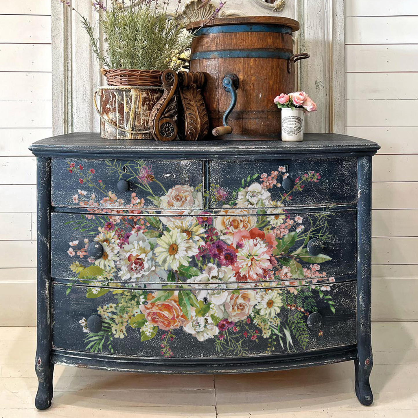 "Elysium" IOD Furniture Transfer by Iron Orchid Designs. Product example on navy vintage dresser. Available at Milton's Daughter.