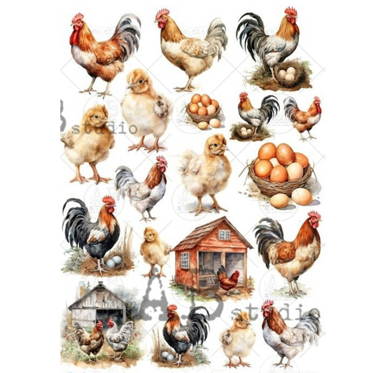 "Farmhouse Hens & Roosters" decoupage rice paper by AB Studio available at Milton's Daughter.