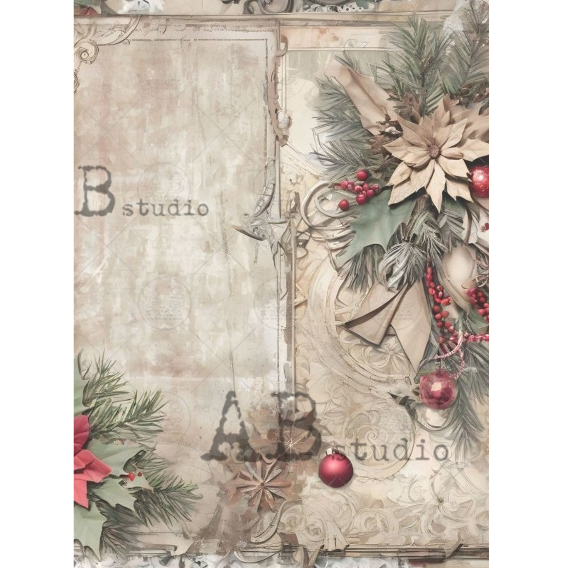 "Festive Greenery Journal Page" decoupage rice paper by AB Studio. Available at Milton's Daughter.