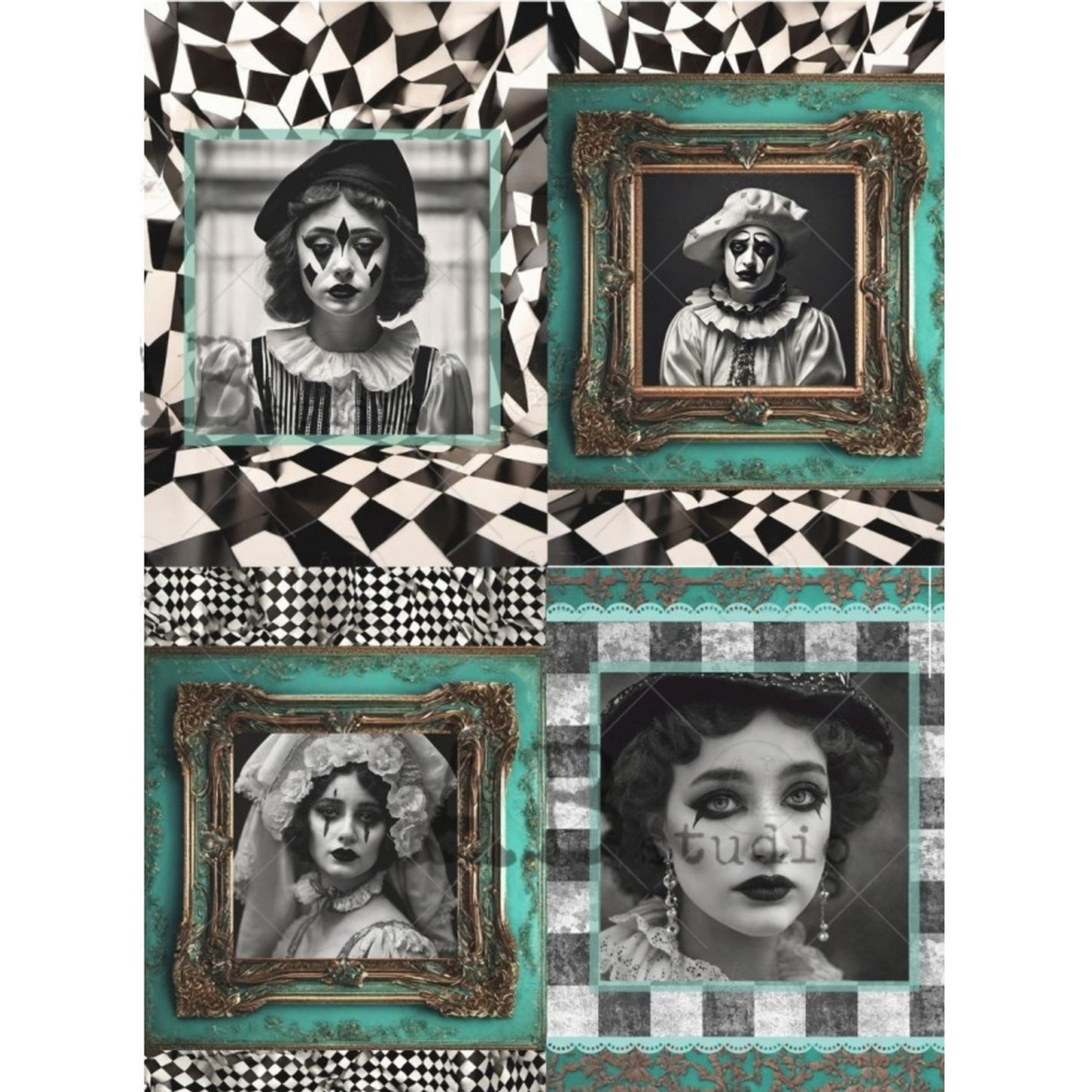 "Four Mime Portraits" decoupage rice paper by AB Studio. Available at Milton's Daughter.