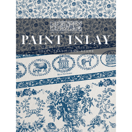 "Delft Traditions-Azure" IOD Paint Inlay by Iron Orchid Designs. Available at Milton's Daughter. Front cover.