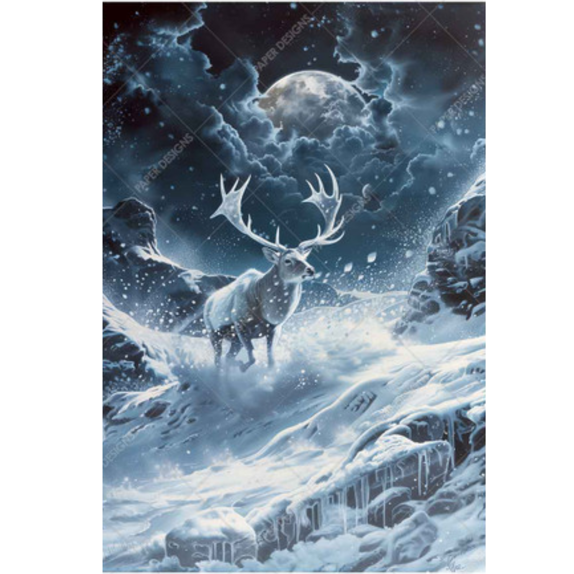 "Icy Evening Spirit Deer" decoupage rice paper by Paper Designs. Available at Milton's Daughter.