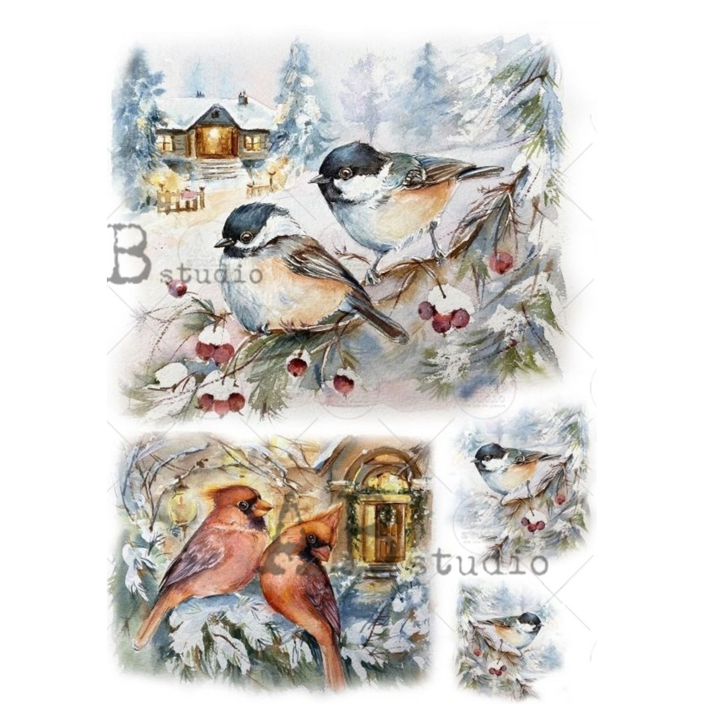 "Painted Winter Birds" decoupage rice paper by AB Studio. Available at Milton's Daughter.