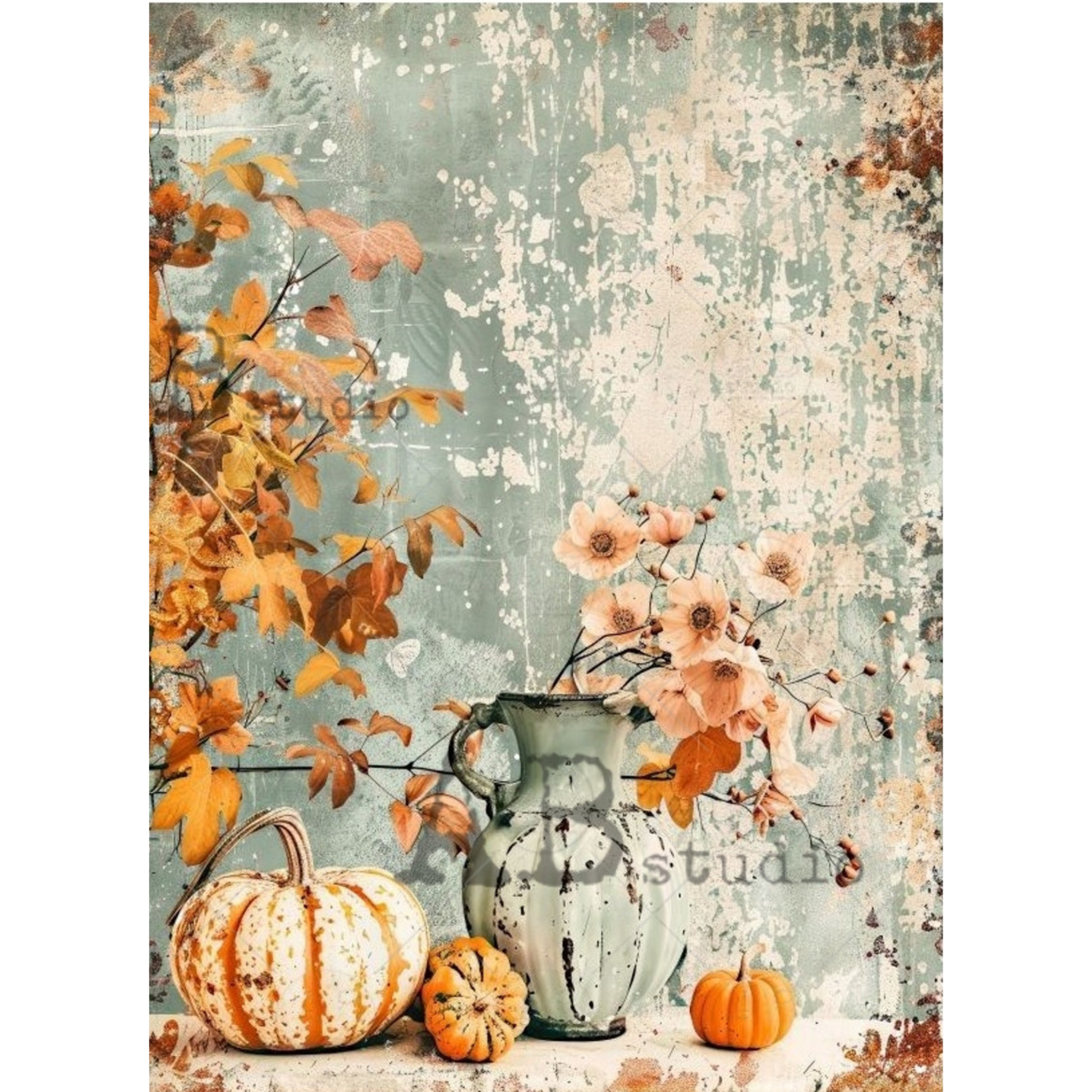 "Pastel Pumpkins Distressed" decoupage rice paper by AB Studio. Available at Milton's Daughter.