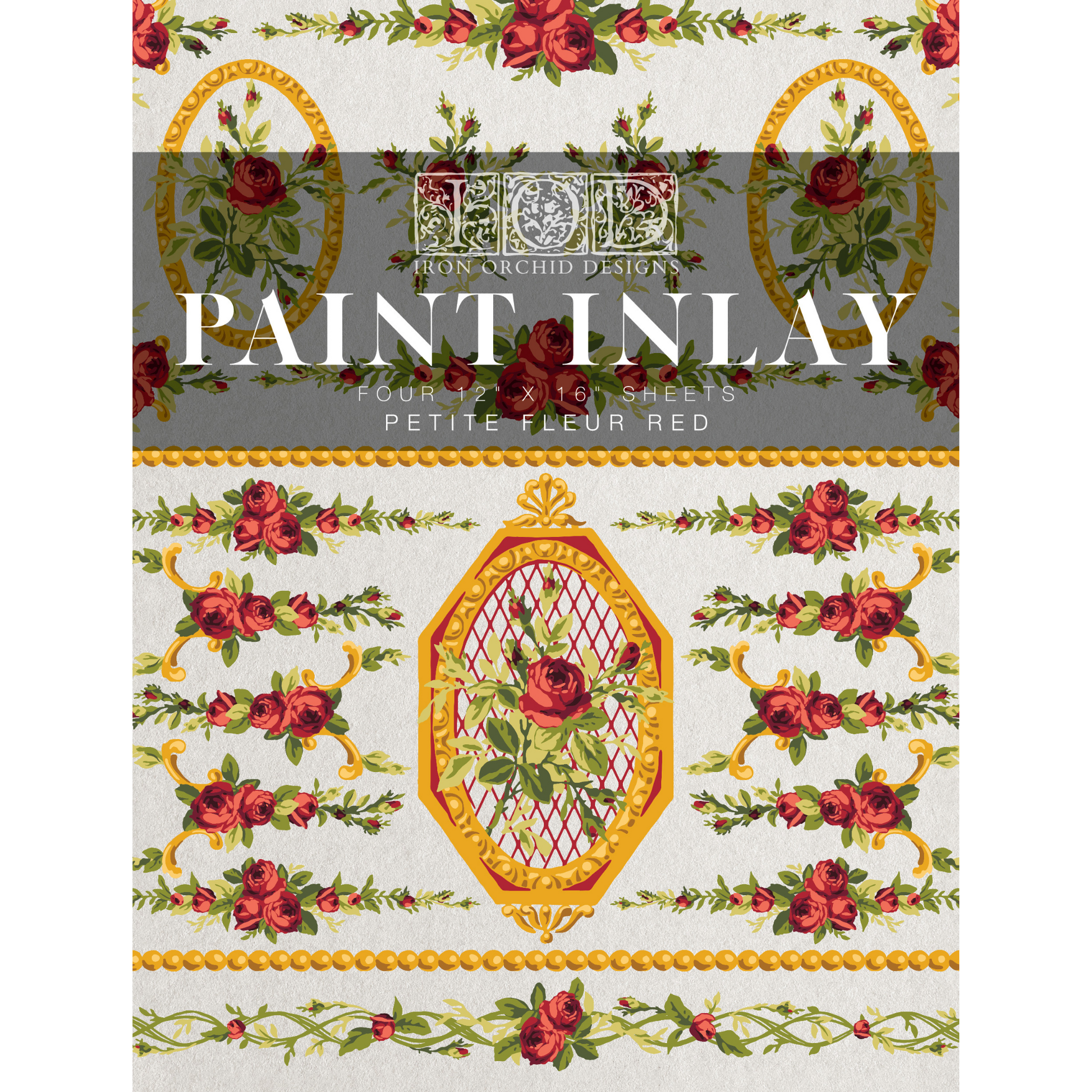 "Petite Fleur Red" Paint Inlay IOD Furniture Transfer by Iron Orchid Designs. Front Cover. Four 12" x 16" sheets. Available at Milton's Daughter.