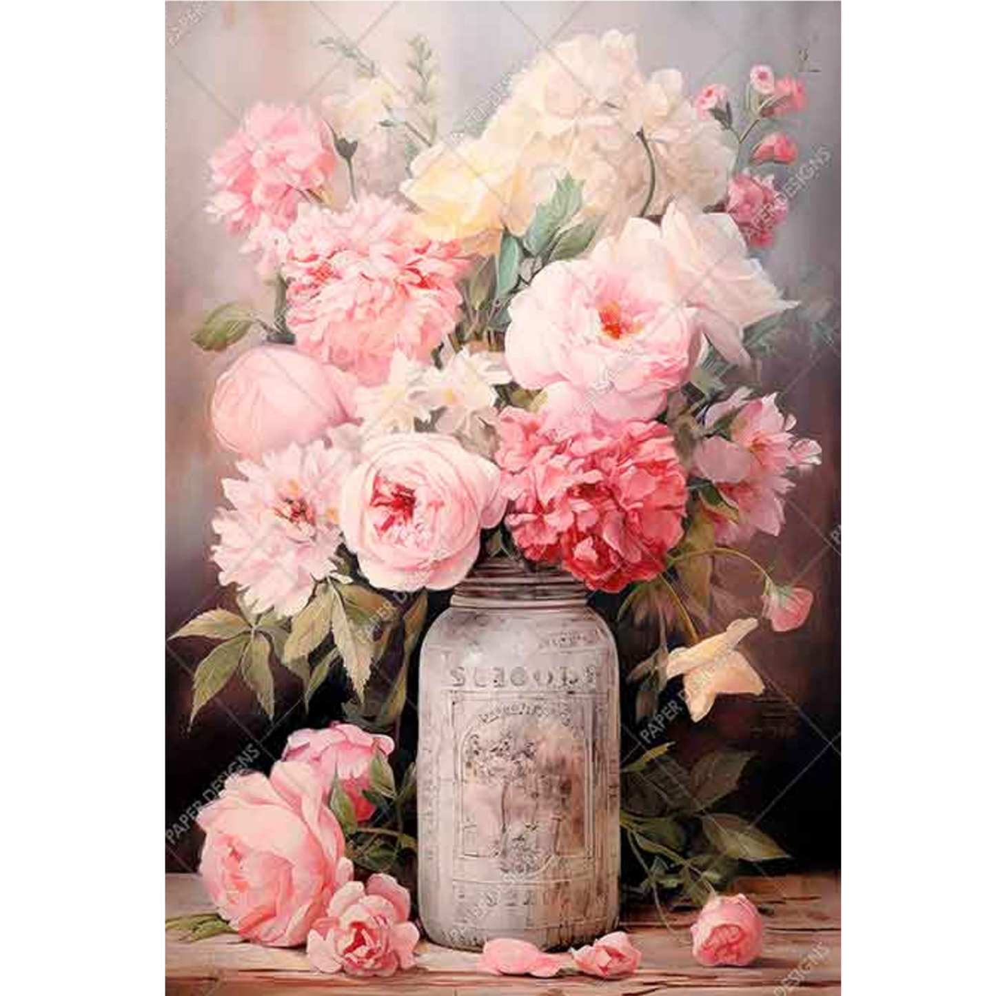 "Pink Flowers In A Mason jar" decoupage rice paper by Paper Designs.  Available at Milton's Daughter.