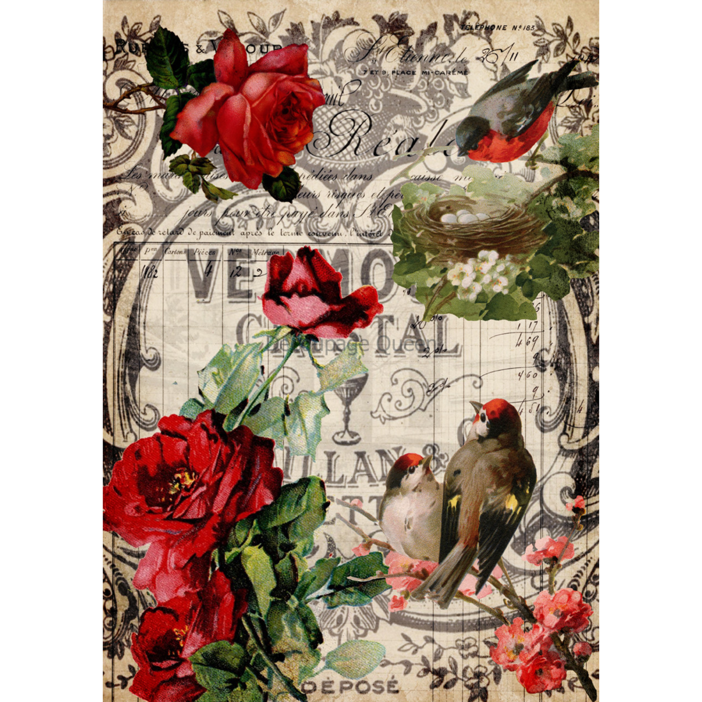 "Red Roses & Birds" decoupage rice paper by Decoupage Queen. Available at Milton's Daughter.