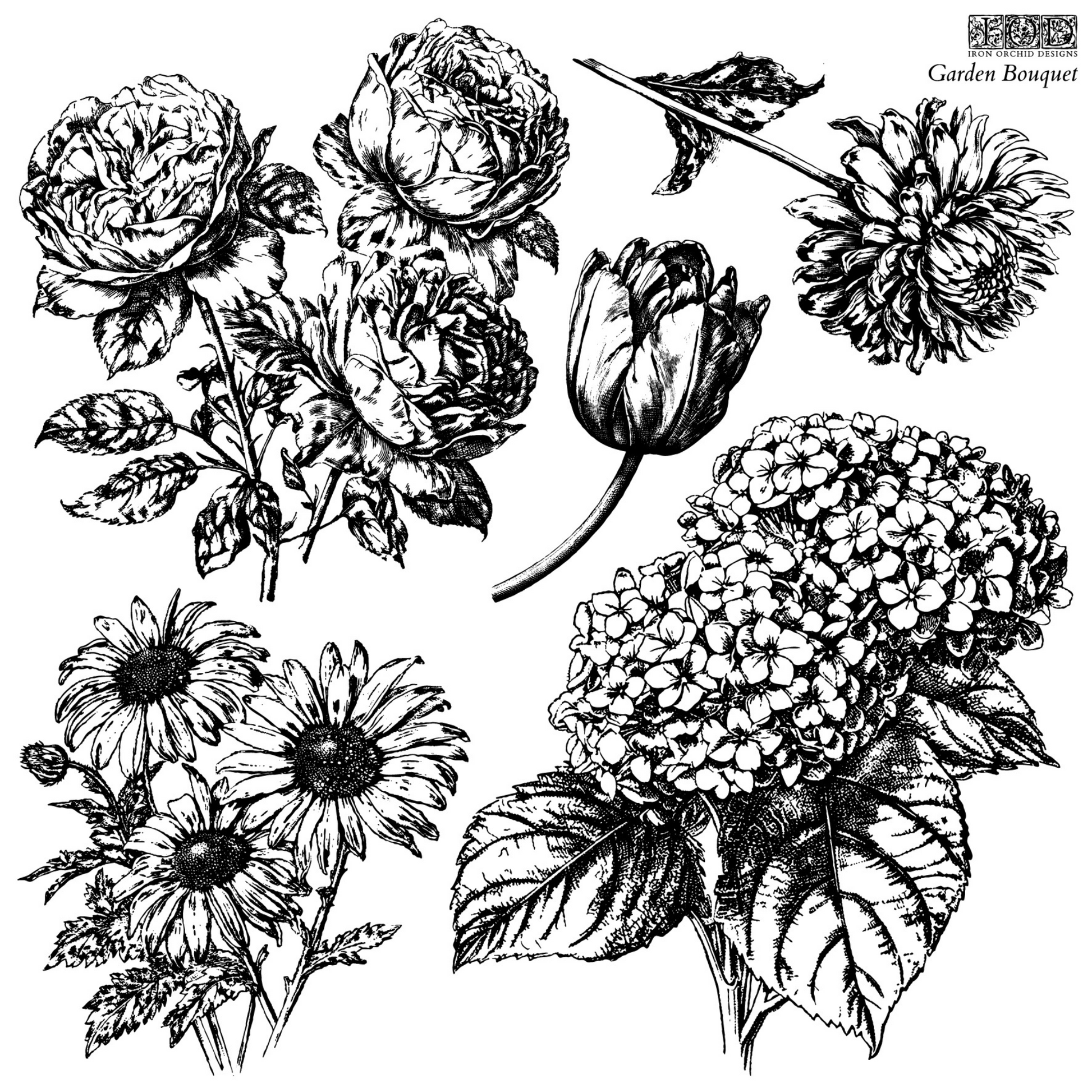 "Garden Bouquet" IOD Decor Stamp by Iron Orchid Designs. 12" x 12" single clear stamp sheet. Available at Milton's Daughter.