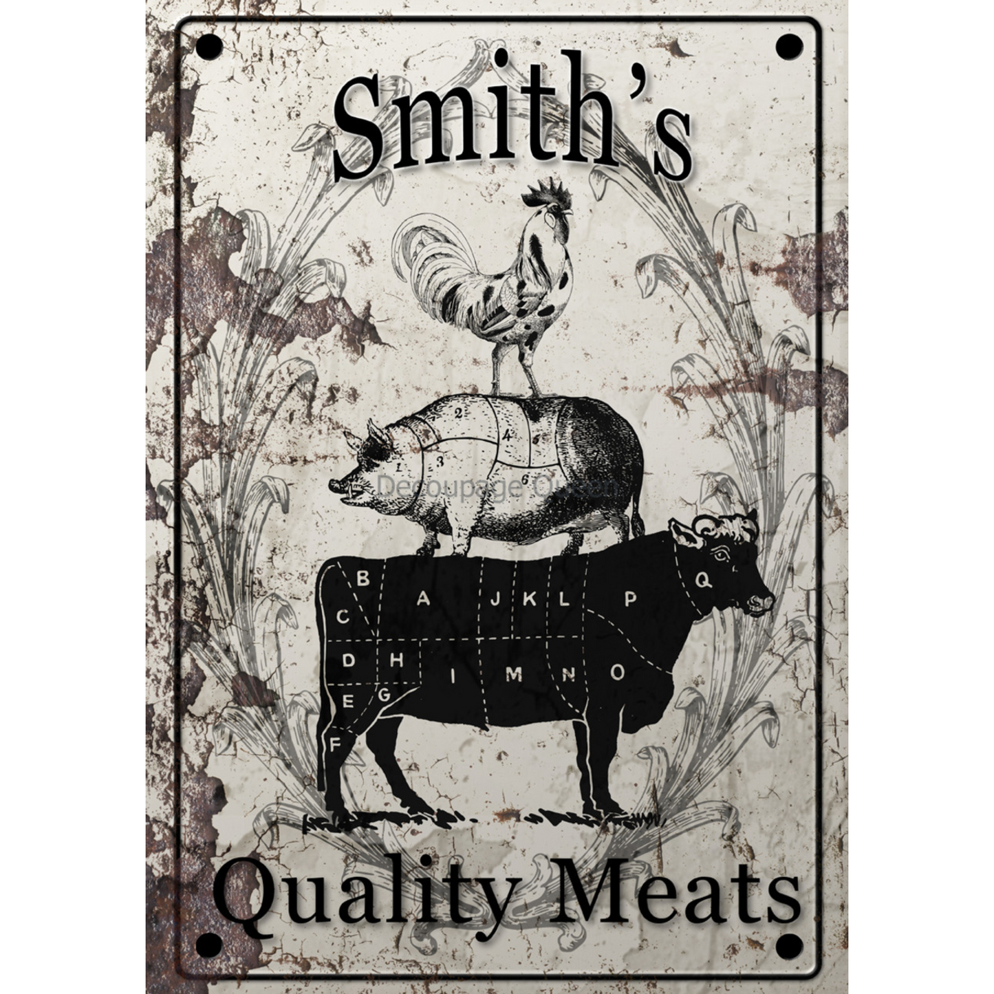 "Smith's Quality Meats" decoupage rice paper by Decoupage Queen. Available at Milton's Daughter.