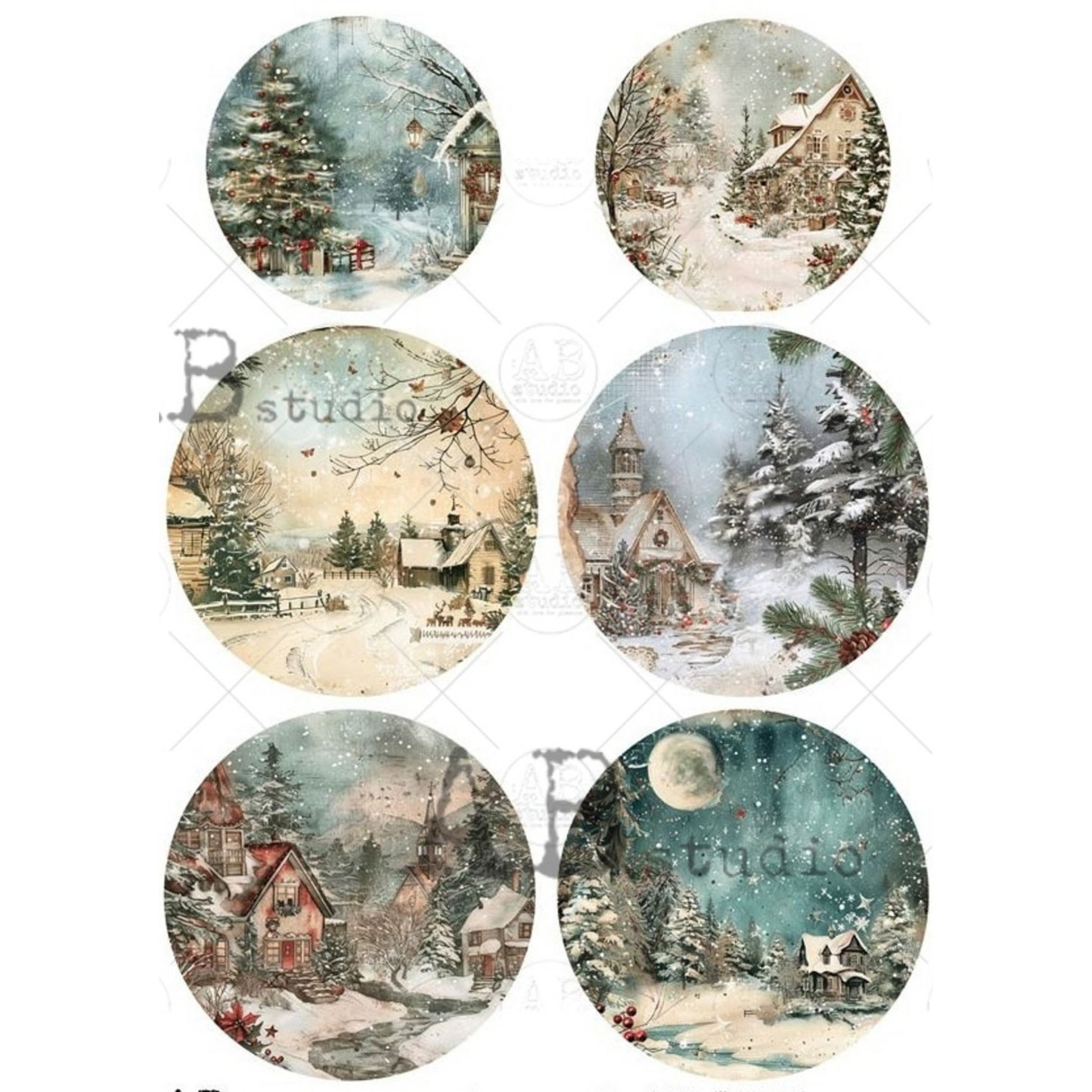 "Snowy Landscapes Ornament Rounds" decoupage rice paper by AB Studio. Available at Milton's Daughter.