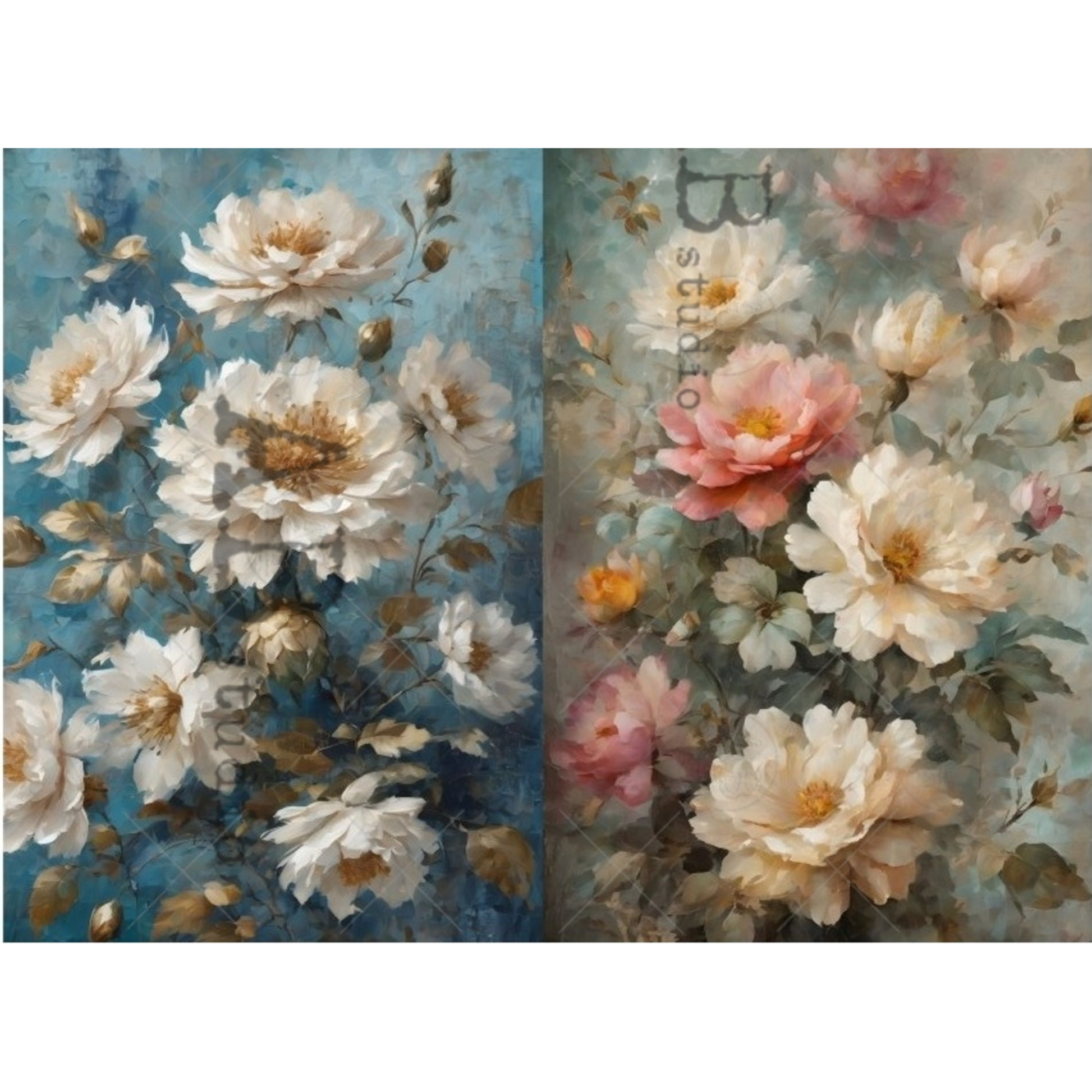 "Soft Florals 2 Pack" decoupage rice paper by AB Studio. Available at Milton's Daughter.