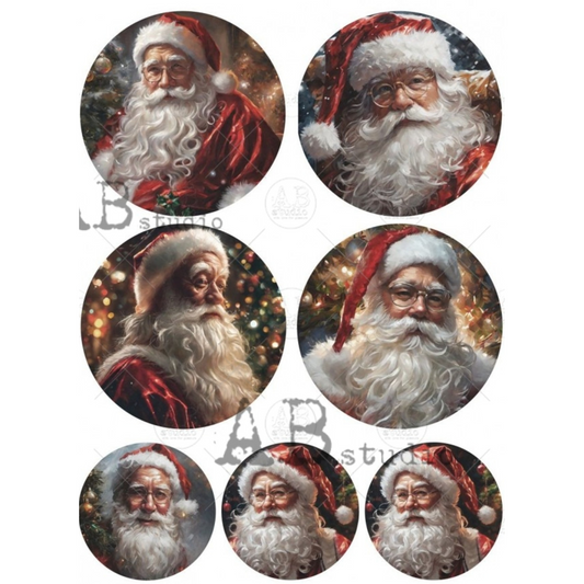 "Traditional Santas Ornament Rounds" decoupage rice paper by AB Studio. Available at Milton's Daughter.