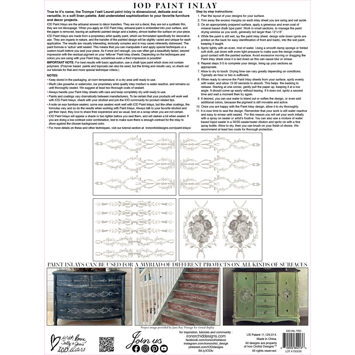 "Trompe L'Oeil Laurel" IOD Paint Inlay Furniture Transfer by Iron Orchid Designs. Back Cover. Available at Milton's Daughter.