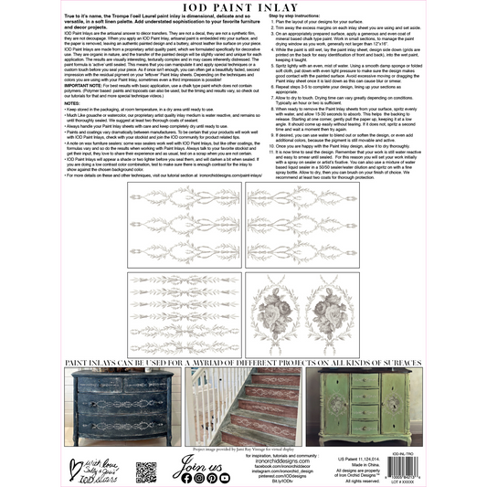 "Trompe L'Oeil Laurel" IOD Paint Inlay Furniture Transfer by Iron Orchid Designs. Back Cover. Available at Milton's Daughter.