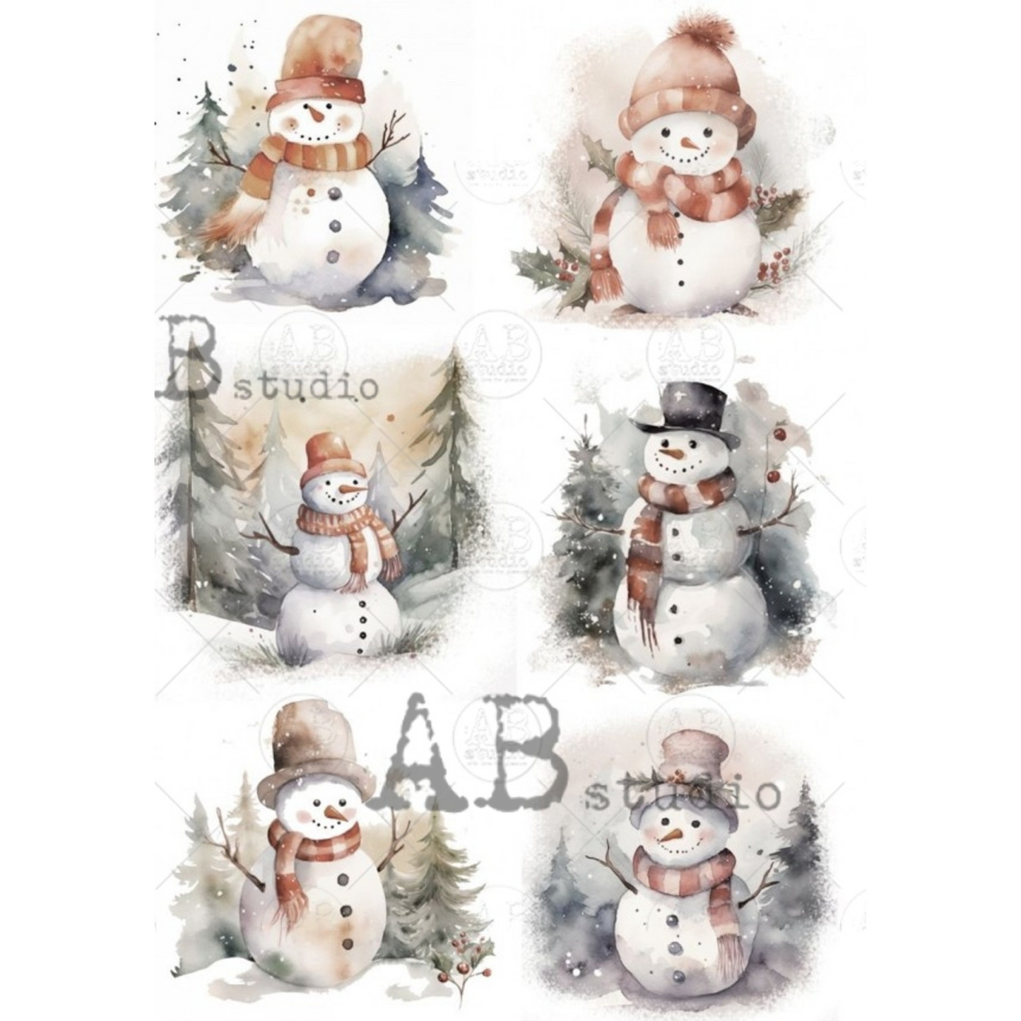 "Watercolor Snowman Ornament Rounds" decoupage rice paper by AB Studio