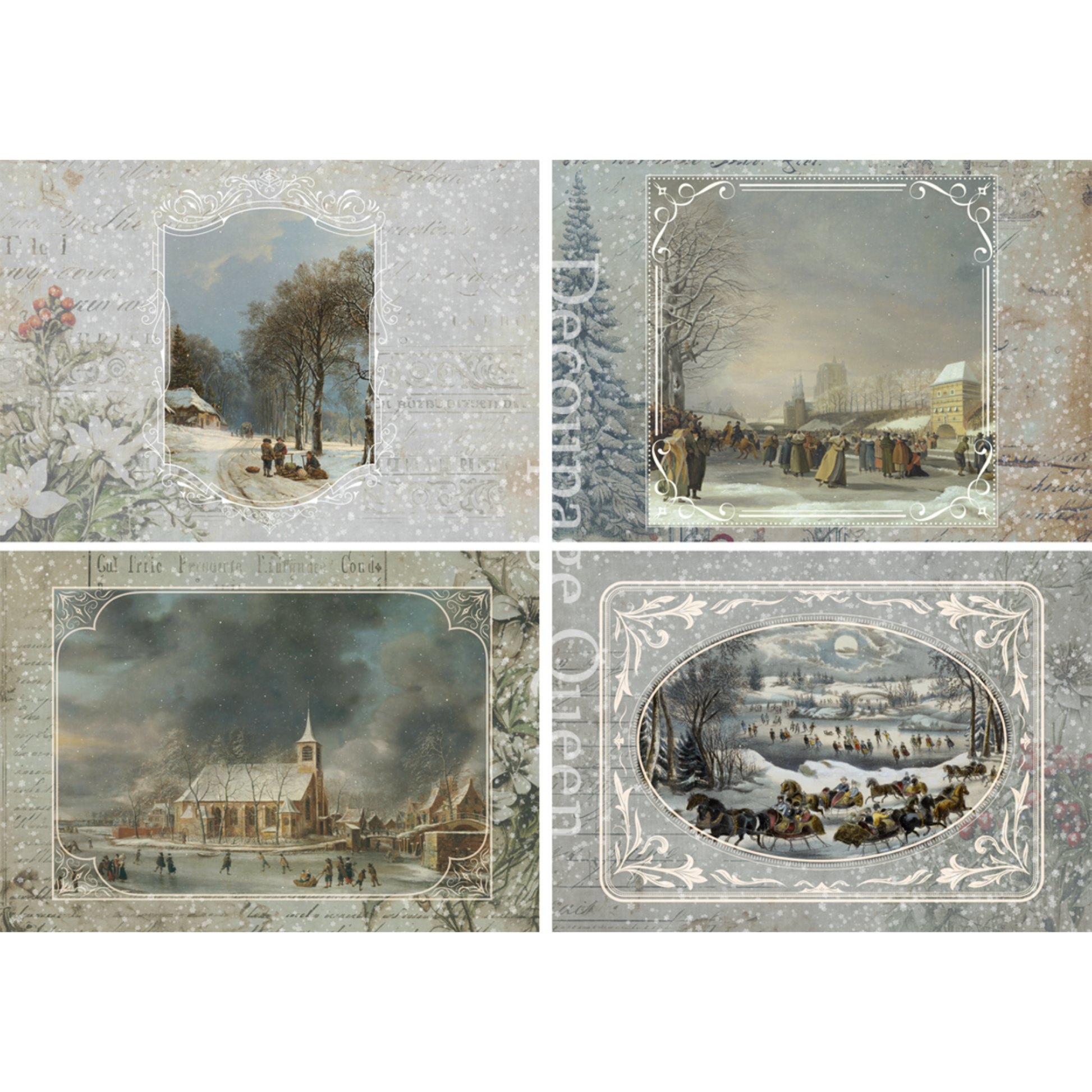 "Winter Postcards 4 Pack" decoupage rice paper by Dainty and the Queen for Decoupage Queen. Available at Milton's Daughter.