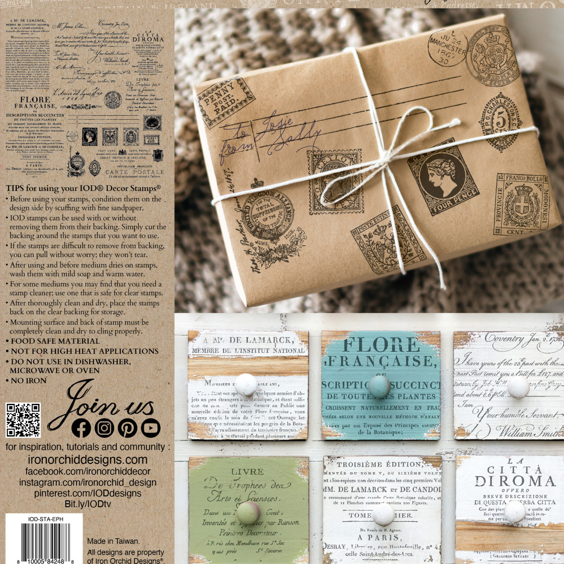 "Ephemeral Type" IOD Decor Stamp by Iron Orchid Designs. IOD Clear, Single sheet stamp available at Milton's Daughter. Back cover depicted.