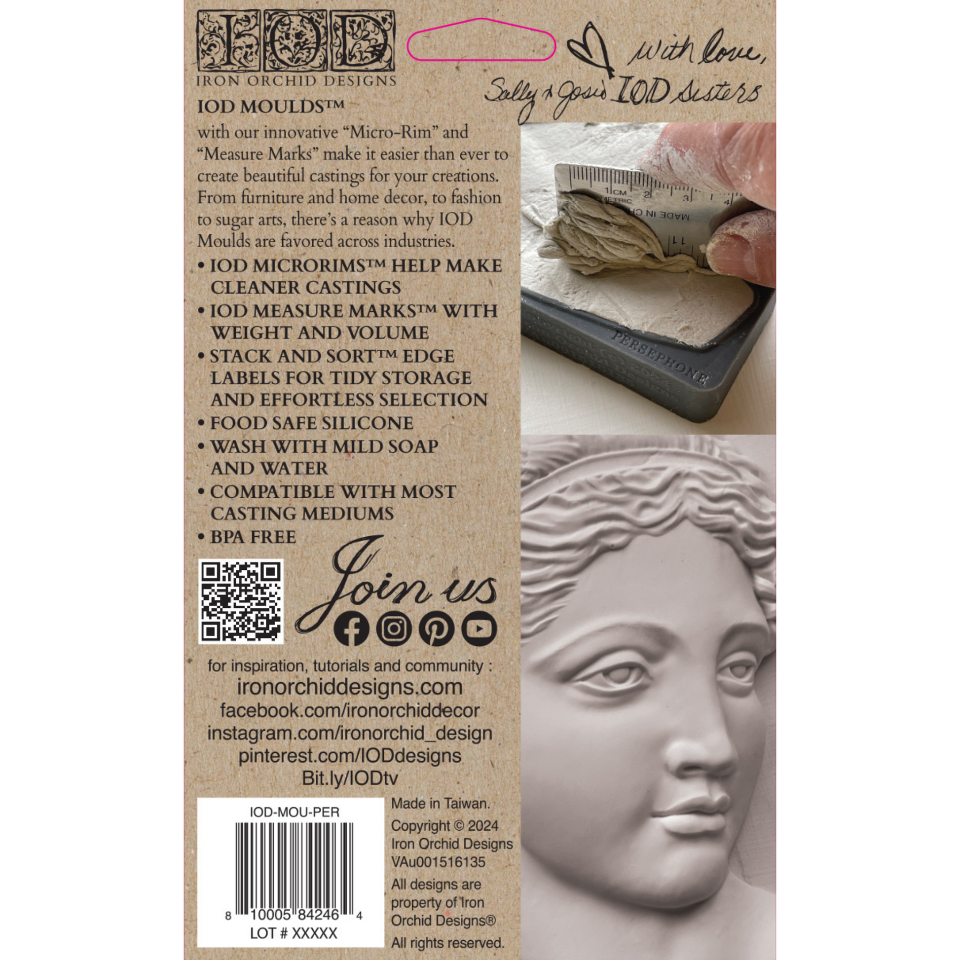 "Persephone" IOD Decor Mould by Iron Orchid Designs. 5" x 7" silicone mould available at Milton's Daughter. Back cover.