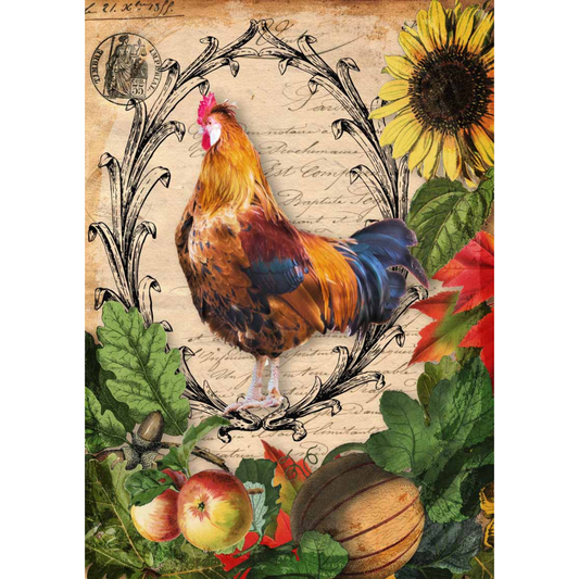 "Autumn Rooster with Harvest Vegetables"  decoupage rice paper by Decoupage Queen available at Milton's Daughter