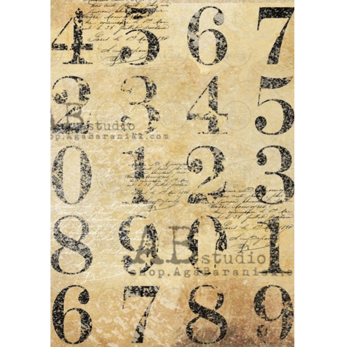 "Block Numbers" decoupage rice paper by AB Studio. Size A4 available at Milton's Daughter.