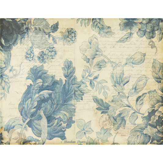 Monahan Papers "Blue Indigo Damask Cabbage Flowers" 11" x 17" blue flowers on white background. Aged paper for decoupage and mixed media art available at Milton's Daughter