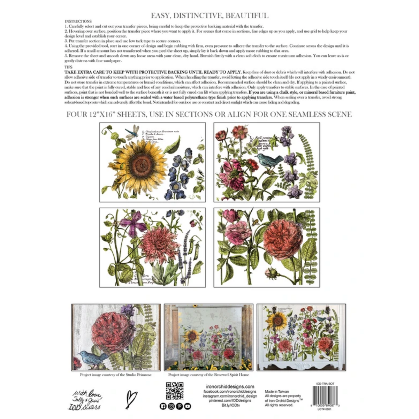 Botanist's Journal IOD furniture transfer product back cover with 4 sheet detail and pictures of sample uses on  dresser fronts at Milton's Daughter