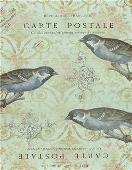 Monahan Papers "Carte Postale" 13" x 19"  Triple blue birds on pale green damask background. Aged paper for decoupage and mixed media art available at Milton's Daughter