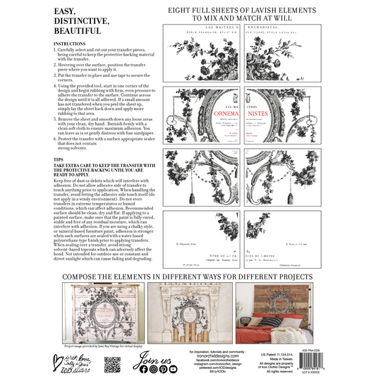 Cosette IOD rub-on furniture transfer by Iron Orchid Designs. Back Cover.  Includes eight 12" x 16" sheets. Available at Milton's Daughter.