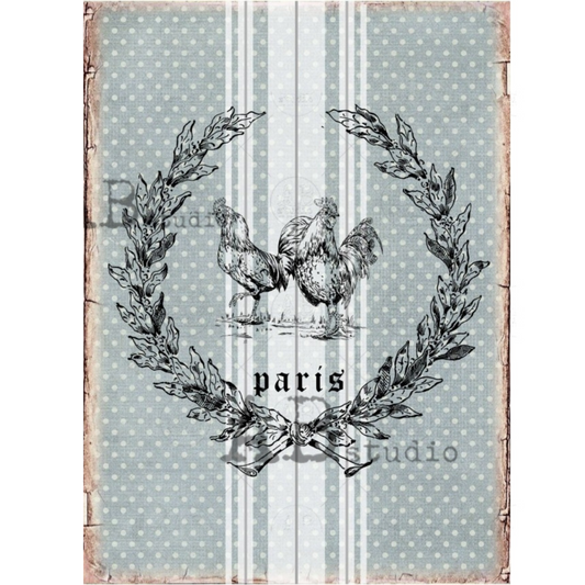 "Farmhouse Paris Chicken Grain Sack" decoupage rice paper by AB Studio. Size A4 available at Miltonj's Daughter.