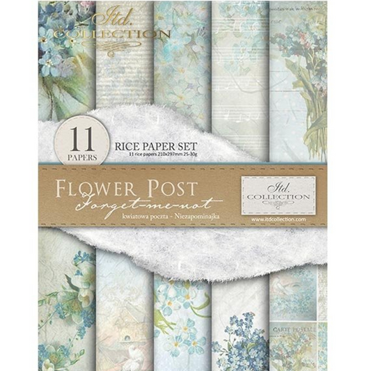 "Flower Post-Forget Me Not" decoupage rice paper set of 11 sheets in size A4 available at Milton's Daughter. Front cover photo.