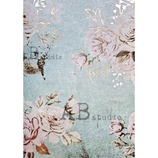 "Gilded Aqua and Pink Floral" - gilded metallic decoupage rice paper by AB Studio.  Size A4 available at Milton's Daughter.