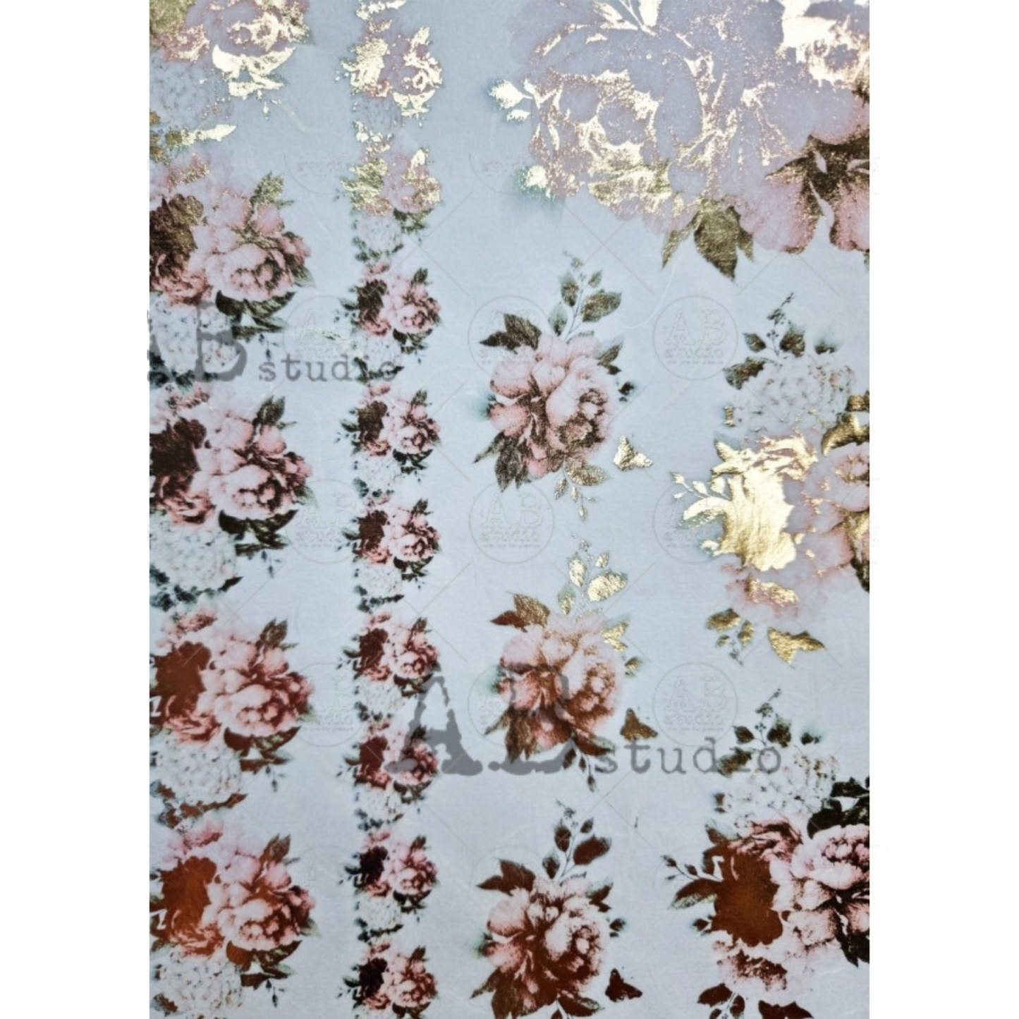 "Gilded Pink Roses" gilded metallic decoupage rice paper by AB Studio. Available at Milton's Daughter in size A4.