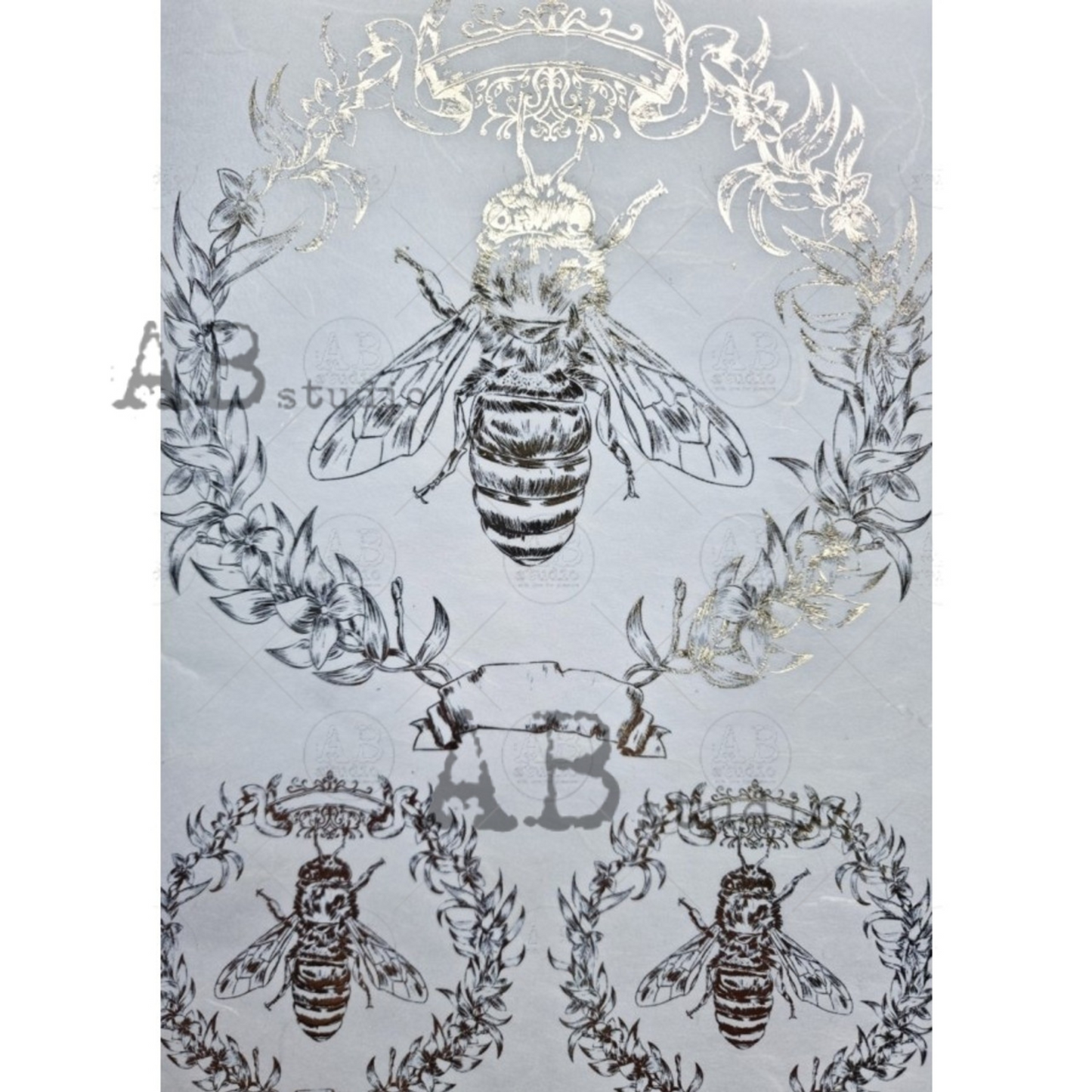 "Gilded Royal Bee" decoupage rice paper by AB Studio. Size A4 available at Milton's Daughter.