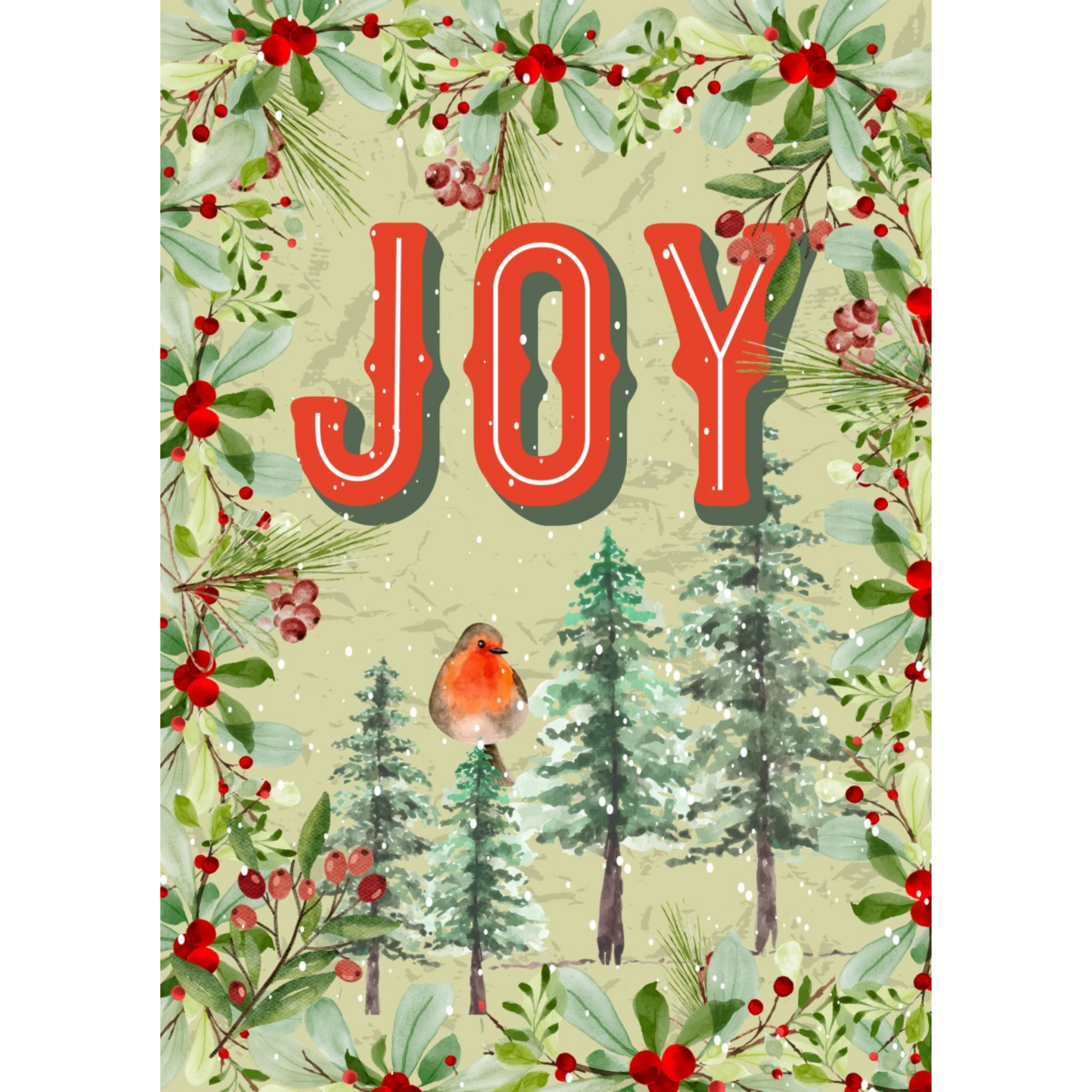 "Happy Holidays" decoupage paper 3 piece set by Made by Marley, available at Milton's Daughter. Image depicts single sheet of "Joy" with trees and garlands included in set.