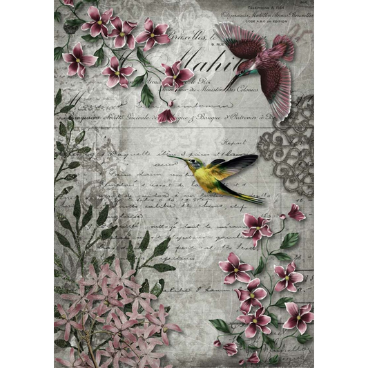 "Hummingbird Song" Size A3 -measures 11.7" x 16.5."  Decoupage Queen -Decoupage Rice Papers available at Milton's Daughter.