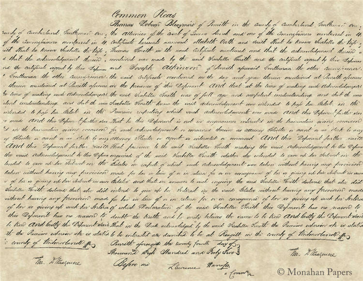 Monahan Papers "In the Common Pleas" 11" x 17" Script longhand lettering.  Hand-written colonial letter.  Repeat pattern. Aged paper for decoupage and mixed media art available at Milton's Daughter