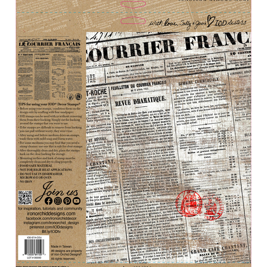 "Le Courier" IOD Stamp by Iron Orchid Designs.  Back cover. IOD Clear silicone stamp measures 12" x 12." Available at Milton's Daughter.