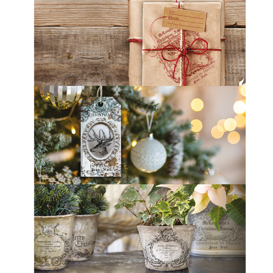 Examples of IOD Stamp "Merry and Bright" limited edition stamp by Iron Orchid Designs. Samples include gift wrap, flower pots, hanging gift tags. Available at Milton's Daughter.