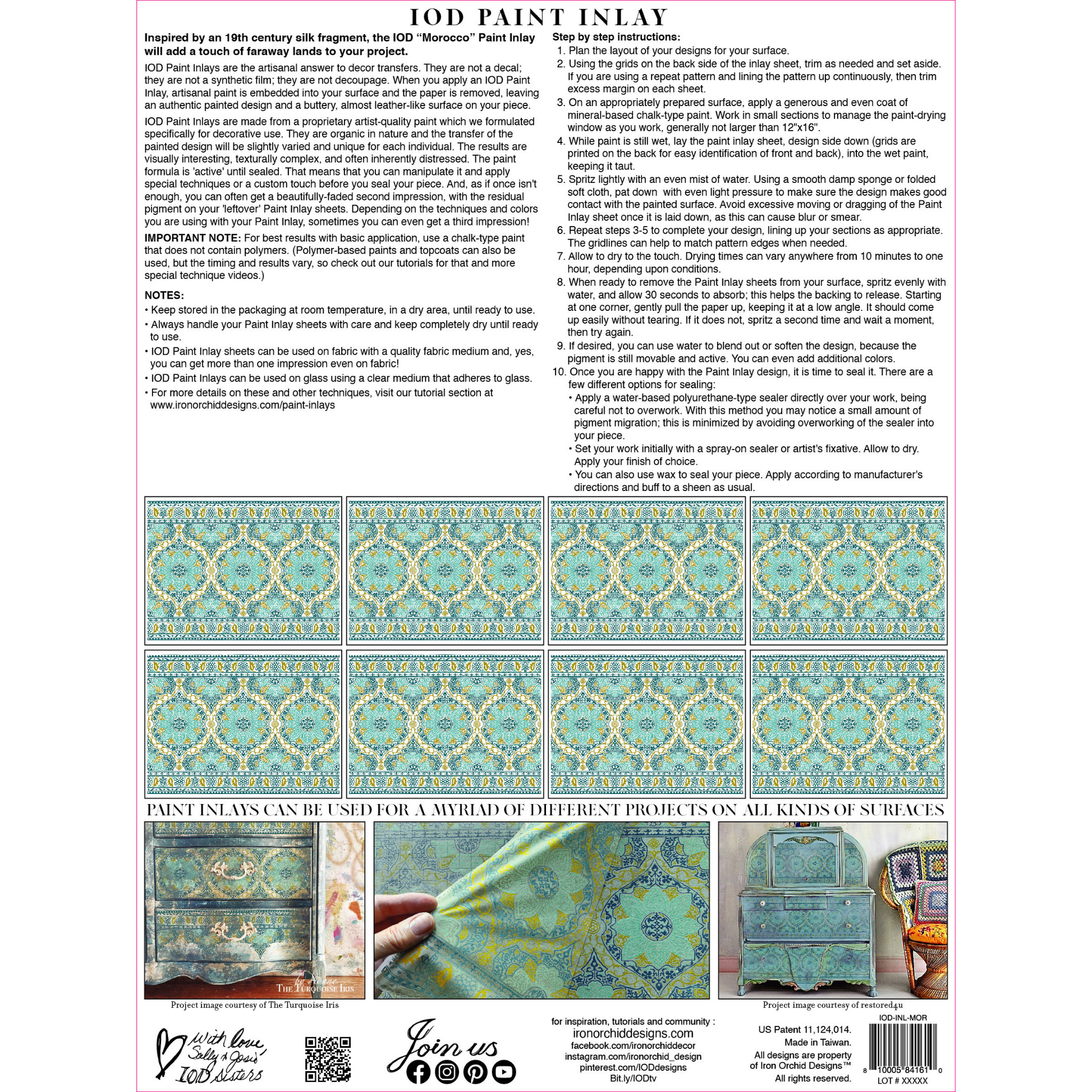 "Morocco" IOD Paint Inlay by Iron Orchid Designs. Back cover. Package includes eight 12" x 16" reusable sheets. Available at Milton's Daughter.